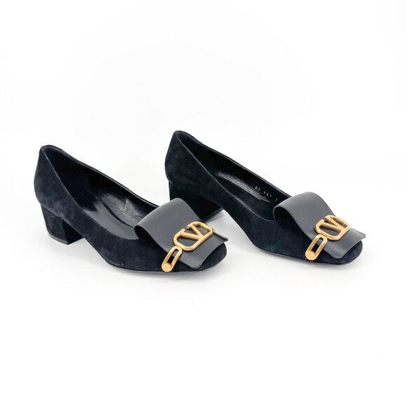Valentino VLogo Black Suede Leather Block Heel Pumps Shoes Size 38.5 US 8.5 - Picture 1 of 15